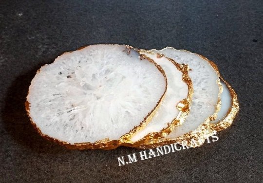 White Agate Coasters Set of 4 Gold or Silver Electroplated, Handmade Coaster, Table Coaster, Home Decor