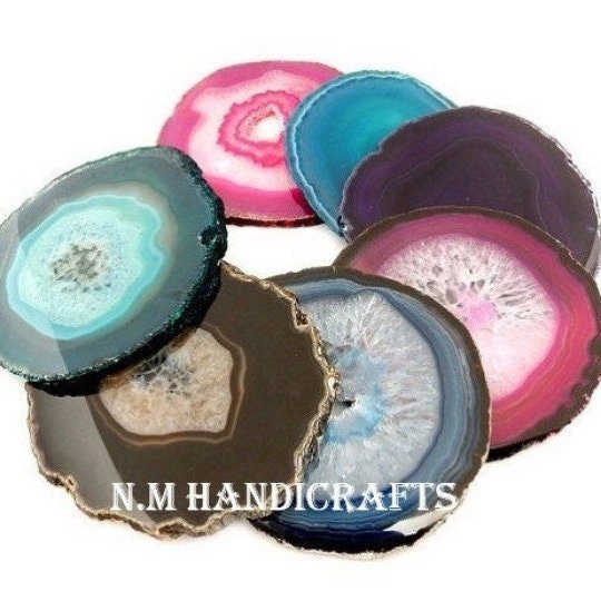Decorative Mix Colours Agate Coasters Set of 4 Gold or Silver Electroplated, Handmade Coaster, Table Coaster, Home Decor