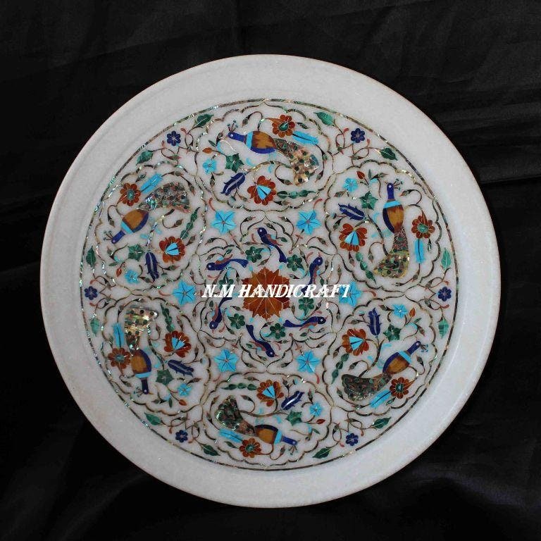 12" Marble Marquetry Gems Inlay Plate, Flowers, Pietra Dura Art, Serving Plate, Marble Serveware, Gift, Kitchen Decor, Home Decor