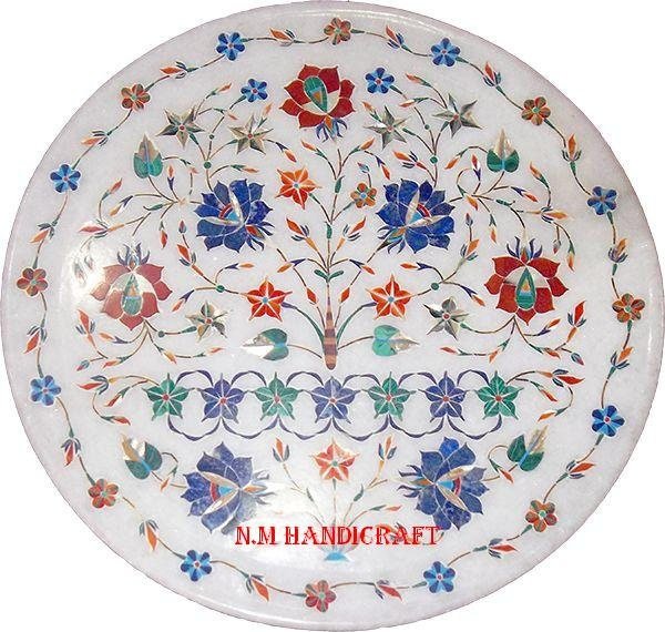 12" Marble Marquetry Gems Inlay Plate, Flowers, Pietra Dura Art, Serving Plate, Marble Serveware, Gift, Kitchen Decor, Home Decor