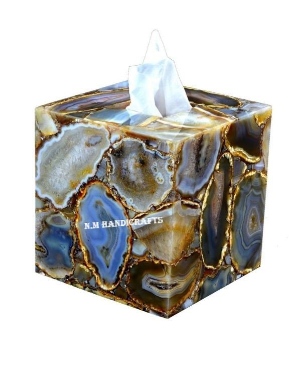 Natural Agate Bath Set, Wild Agate Stone , Soap Dispenser, Soap Dish, Vanity Tray, Box, Brush Holder, Trash Bin, Tissue Box, Handmade Art - Image 3