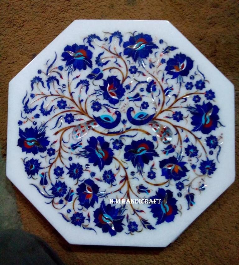 Decorative Marble Inlay Tile, Lapis Lazuli Inlaid, Wall Decor, Flowers, Pietra Dura Art, Marble Serveware, Gift, Kitchen Decor, Home Decor
