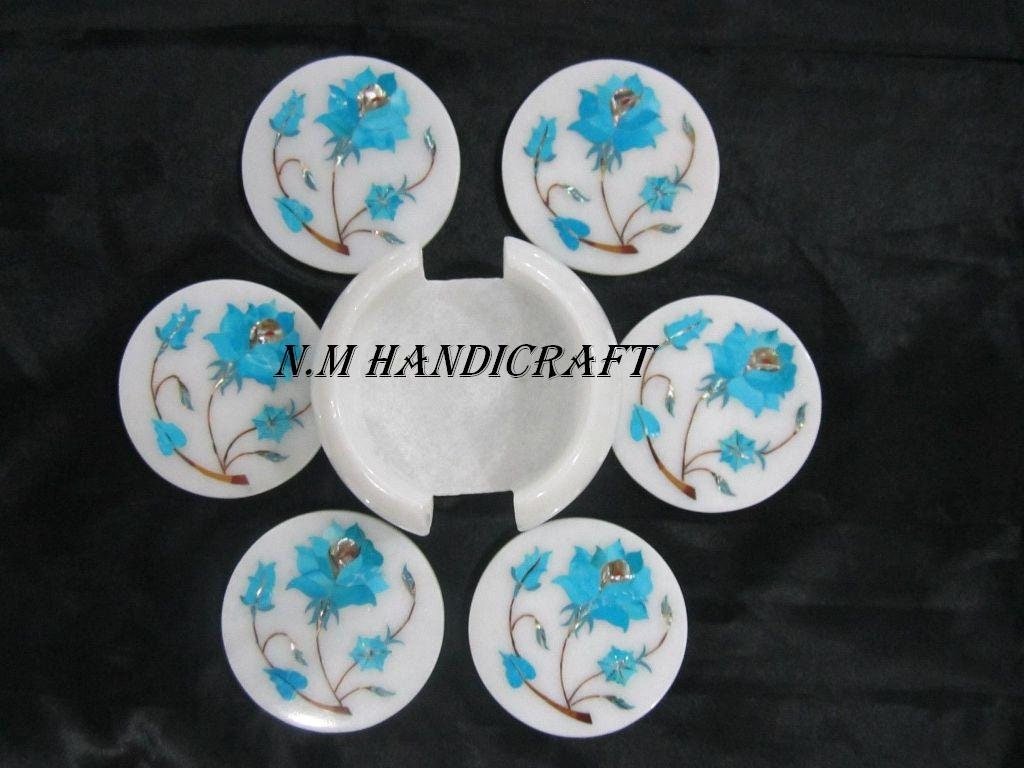 Floral White Marble Inlay Coaster, Turquoise Stone Inlaid, Pietra Dura, Coaster 6 Pcs Set, Handmade Art, Tea Coaster, Drinkware Coasters
