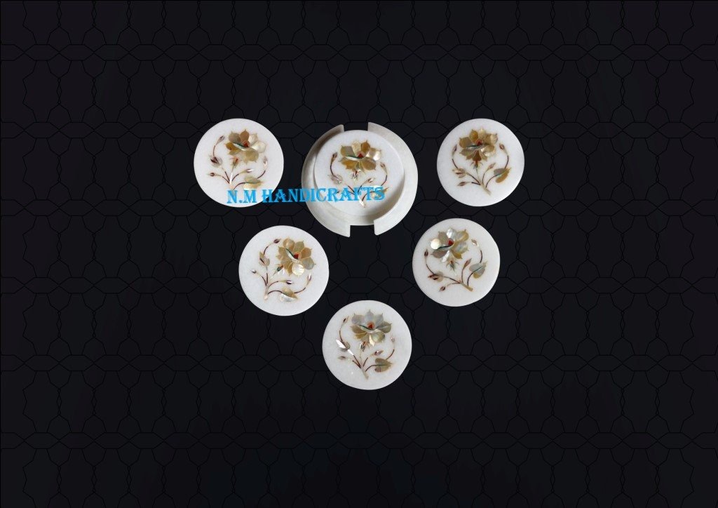 Floral White Marble Inlay Coaster, Mother Of Pearl Inlaid, Pietra Dura, Coaster 6 Pcs Set, Handmade Art, Tea Coaster, Drinkware Coasters - Image 2