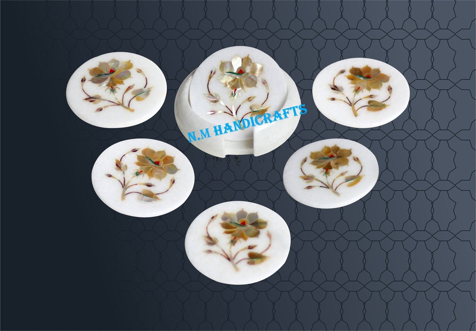 Floral White Marble Inlay Coaster, Mother Of Pearl Inlaid, Pietra Dura, Coaster 6 Pcs Set, Handmade Art, Tea Coaster, Drinkware Coasters