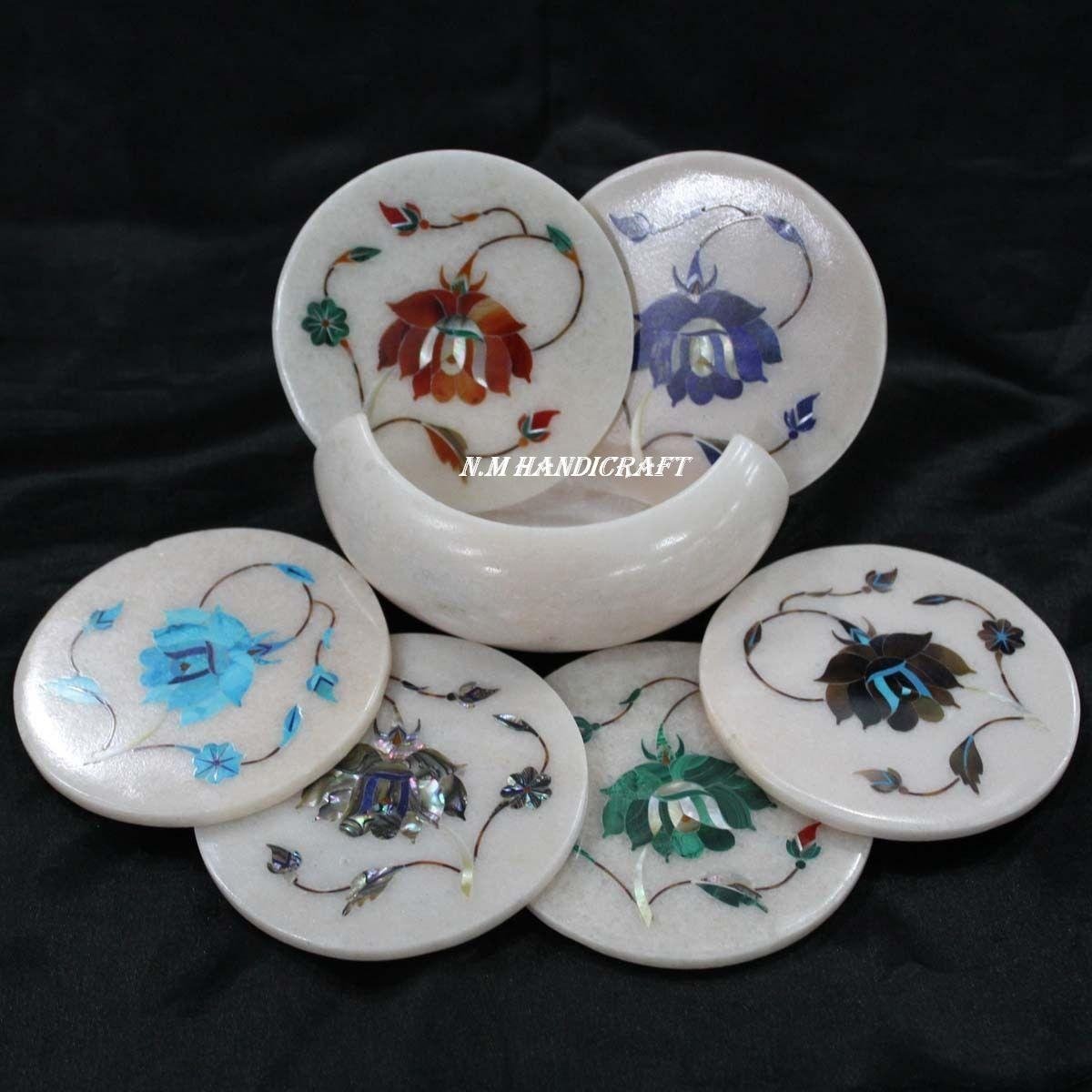 Floral Marble Inlay Coaster, Gem Stones Inlaid, Pietra Dura, Coaster 6 Pcs Set, Handmade Art, Tea Coaster, Drinkware Coasters