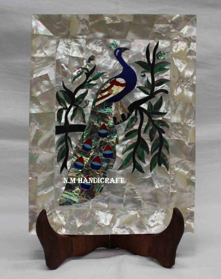 Eye Catching White Marble Inlay Tray, Semi Precious Stones Inlaid, Wall Decor, Peacock Art, Serving Tray, Gift, Kitchen Decor, Home Decor