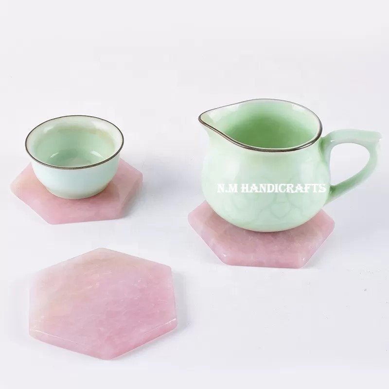 Rose Quartz Coaster Set, Hexagon Shape Coaster, Coaster Set, Tea Coaster, Handmade Coaster, Table Coaster, Home Decor, Office Decor, Gift - Image 3