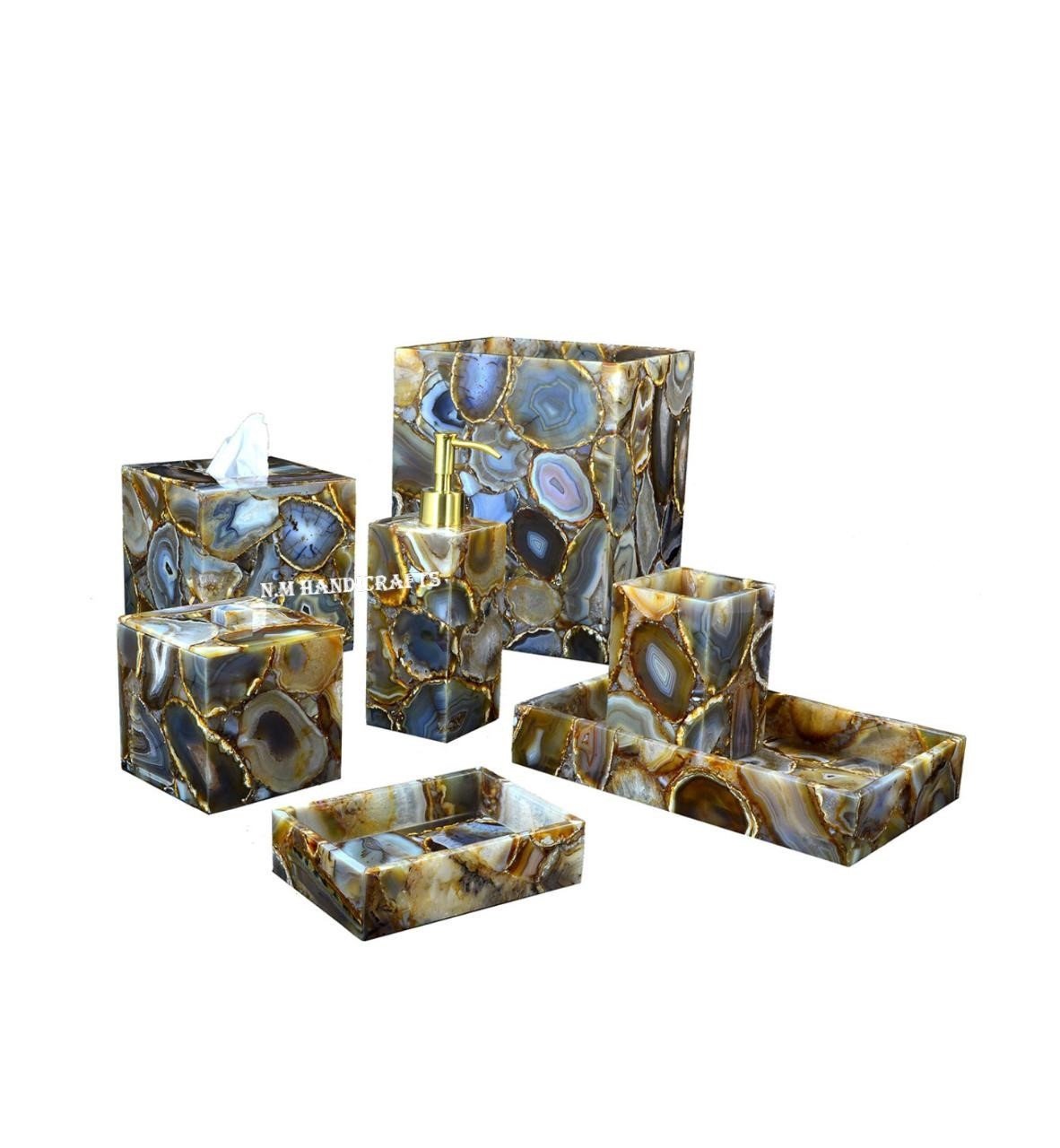 Natural Agate Bath Set, Wild Agate Stone , Soap Dispenser, Soap Dish, Vanity Tray, Box, Brush Holder, Trash Bin, Tissue Box, Handmade Art