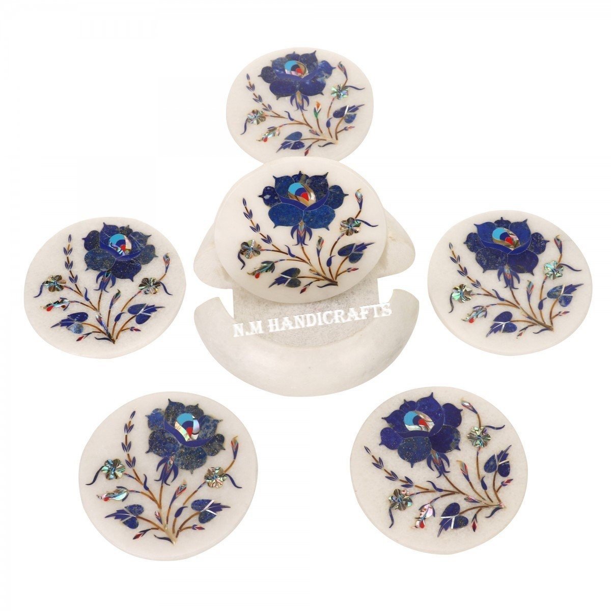 Floral White Marble Inlay Coaster, Lapis Lazuli Inlaid, Pietra Dura, Coaster Set, Handmade Art, Tea Coaster, Drinkware & Barware, Coasters - Image 3