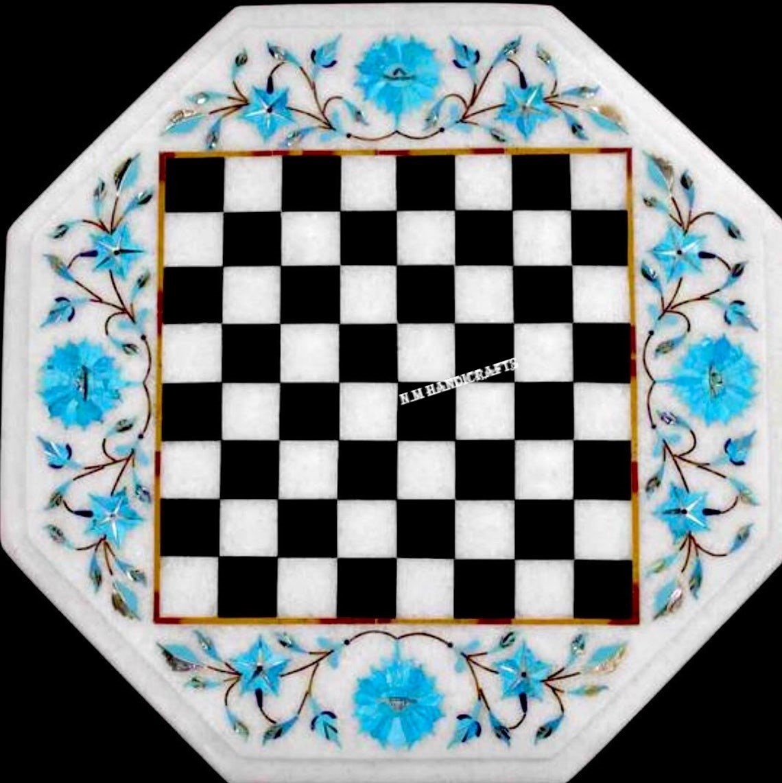 White Marble Chess Set, Turquoise Stone Inlay Work, Pietra Dura, Game Board, Vintage Mosaic Marquetry Art, coffee/end/side/dinning table - Image 2