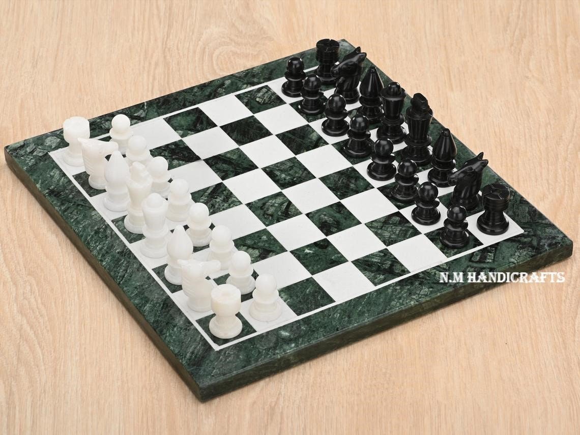 Green Marble Chess Set, Tournament Chess Board, Pietra Dura Art, Vintage Chess, Mosaic Marquetry Art, Chess table, Grey Stone Chess Board
