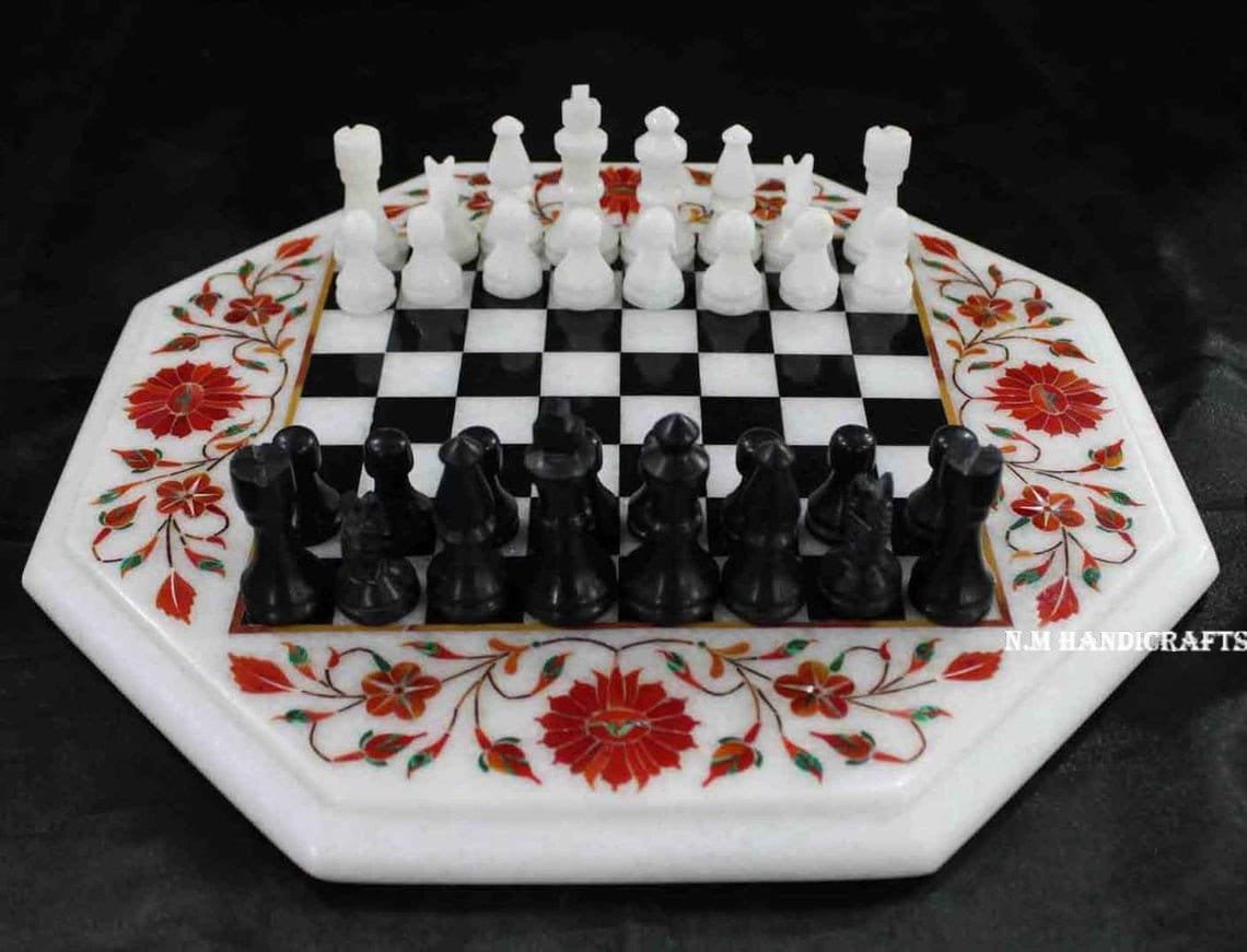 White Marble Chess Set, Carnelian Stone Inlay, Pietra Dura, Vintage Chess, Mosaic Marquetry Art, Chess table, coffee/end/side/dinning table