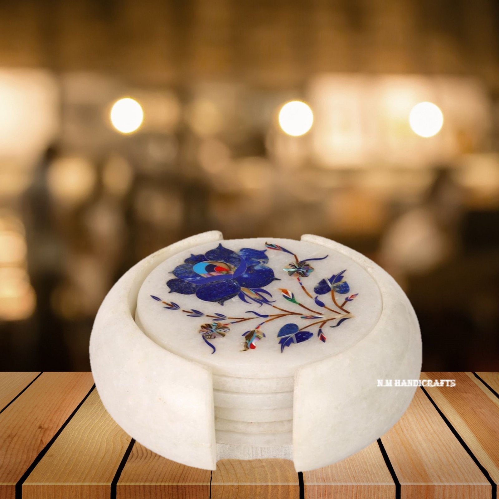 Floral White Marble Inlay Coaster, Lapis Lazuli Inlaid, Pietra Dura, Coaster Set, Handmade Art, Tea Coaster, Drinkware & Barware, Coasters - Image 2