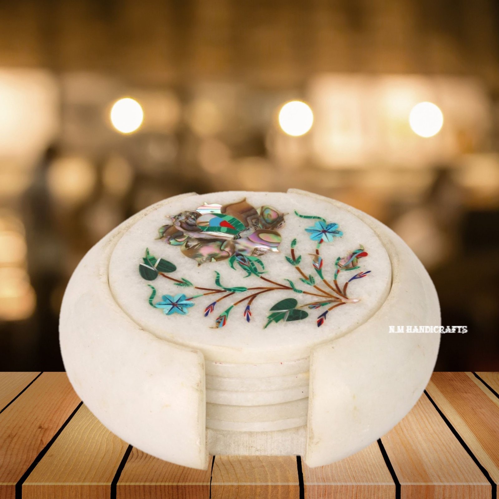 Floral White Marble Inlay Coaster, Gems Stone Inlaid, Table Coaster, Coaster Set, Handmade Art, Tea Coaster, Drinkware & Barware, Coasters - Image 2