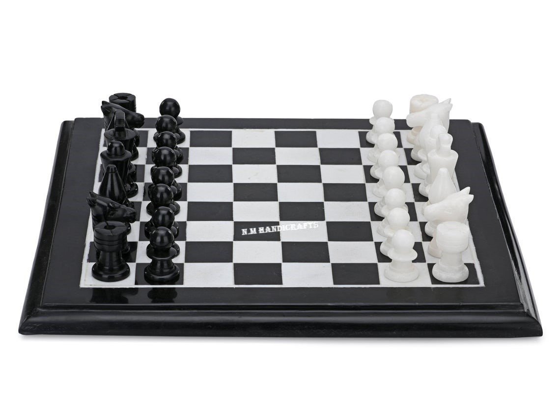 Black Marble Chess Set, Tournament Chess Board, Pietra Dura Art, Vintage Chess, Mosaic Marquetry Art, Chess table, Black Stone Chess Set,