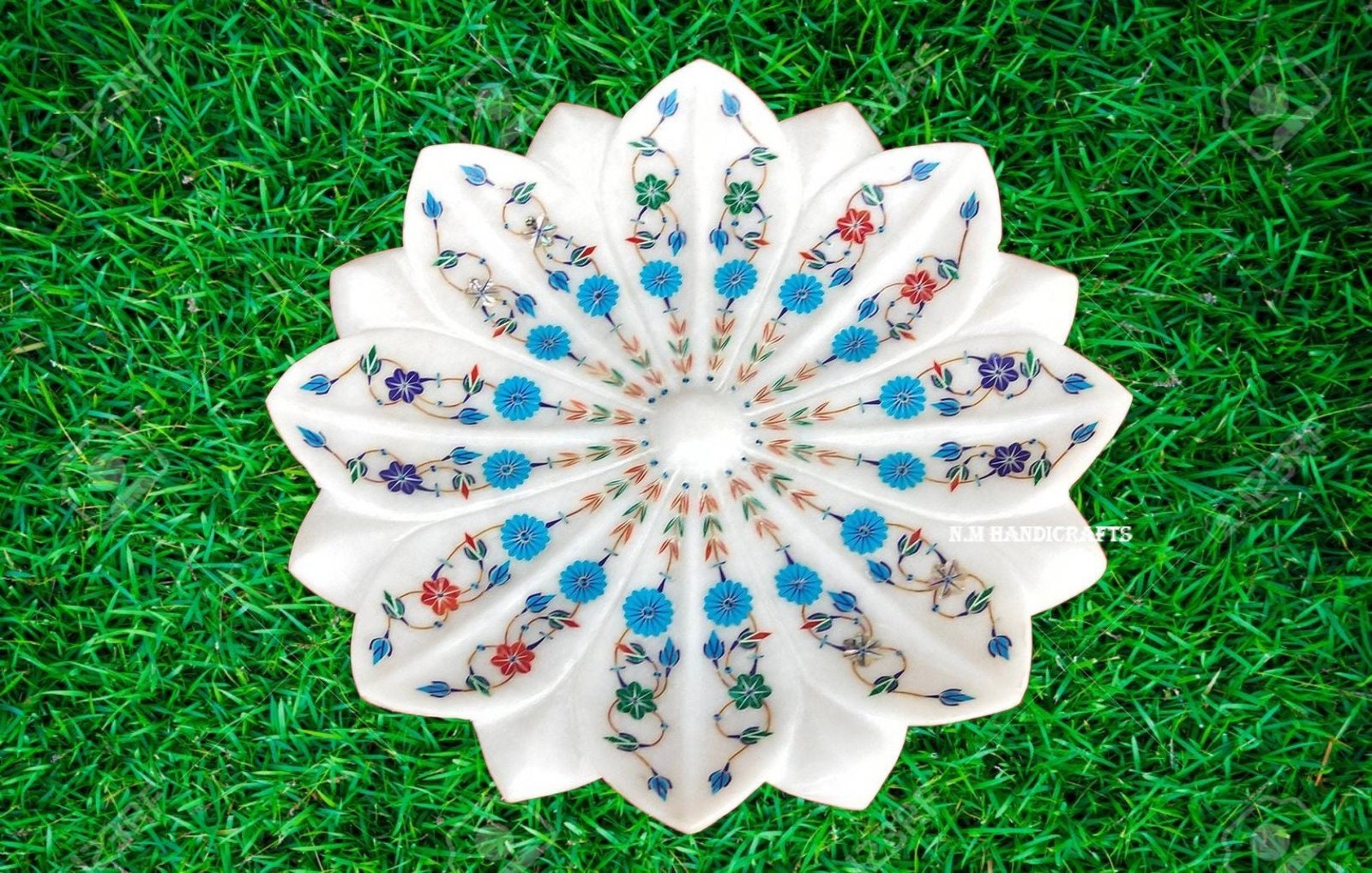 White Marble Flower Bowl, Lotus Bowl, Inlaid Gem Stones, Serving Bowl, Fruit Bowl, Serveware, Marble Serveware, Home Decor, Wedding Gift, - Image 2