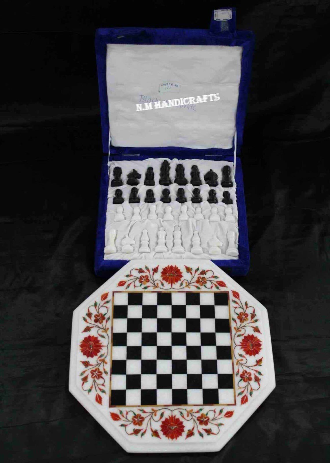 White Marble Chess Set, Carnelian Stone Inlay, Pietra Dura, Vintage Chess, Mosaic Marquetry Art, Chess table, coffee/end/side/dinning table - Image 3