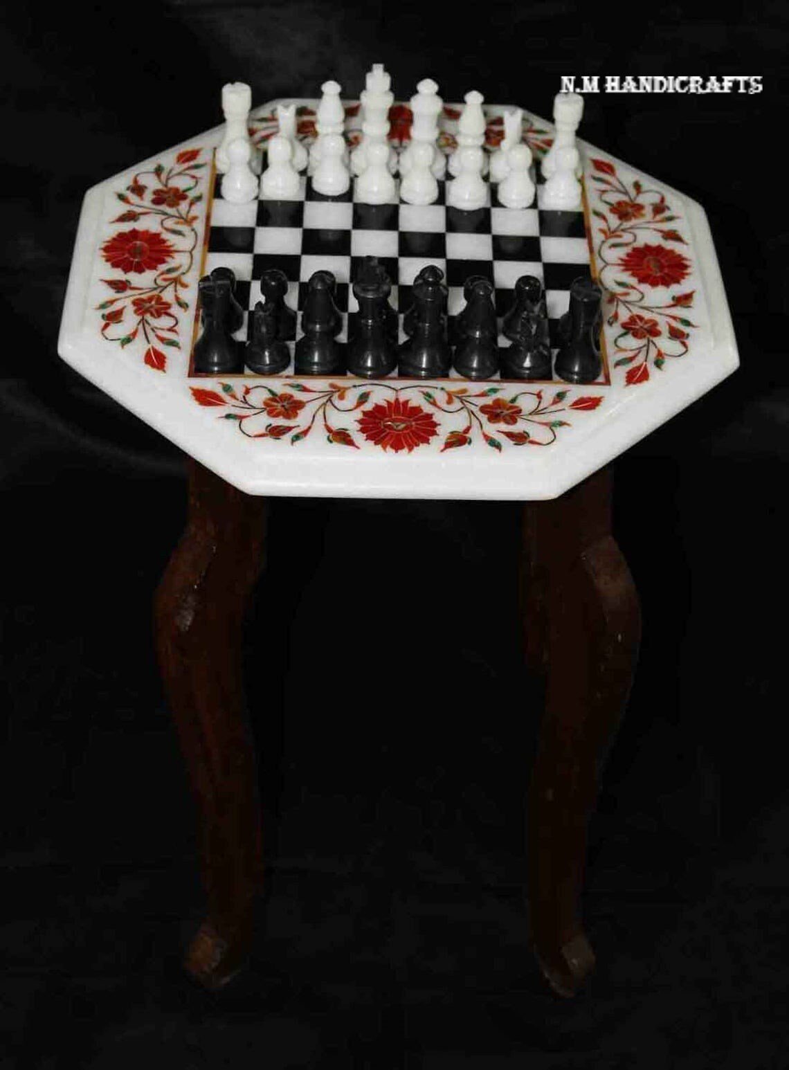 White Marble Chess Set, Carnelian Stone Inlay, Pietra Dura, Vintage Chess, Mosaic Marquetry Art, Chess table, coffee/end/side/dinning table - Image 2