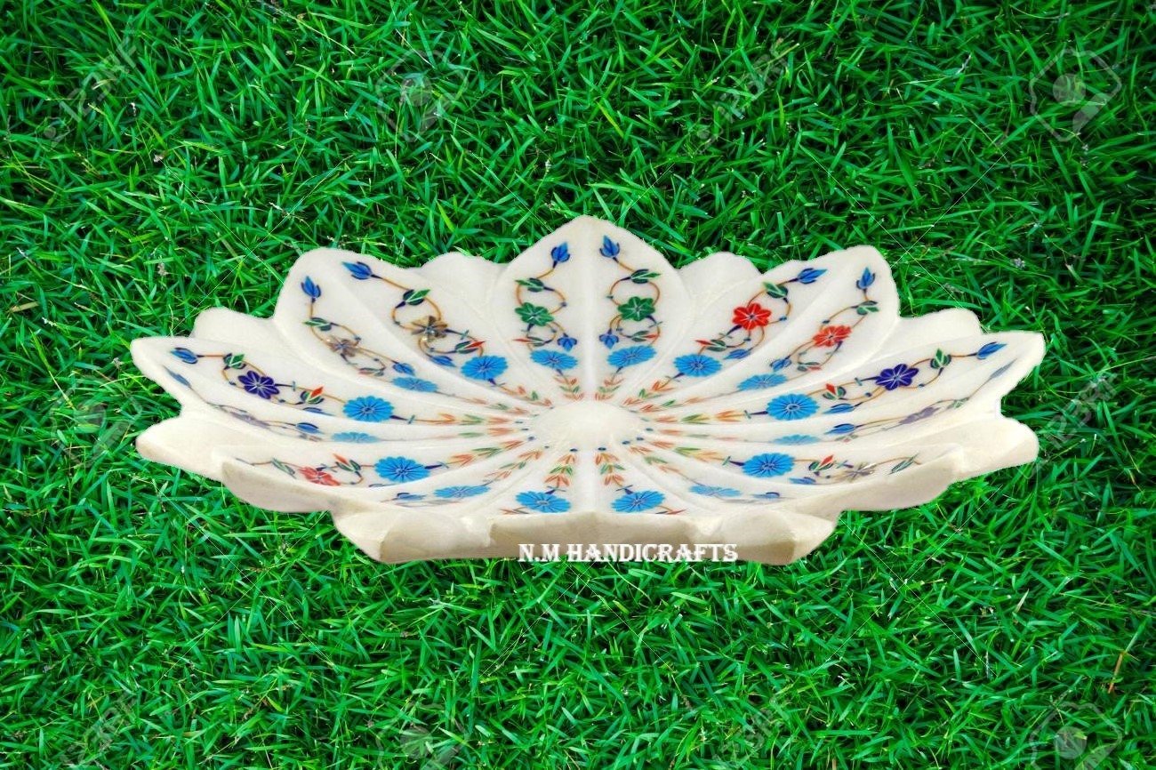 White Marble Flower Bowl, Lotus Bowl, Inlaid Gem Stones, Serving Bowl, Fruit Bowl, Serveware, Marble Serveware, Home Decor, Wedding Gift, - Image 3