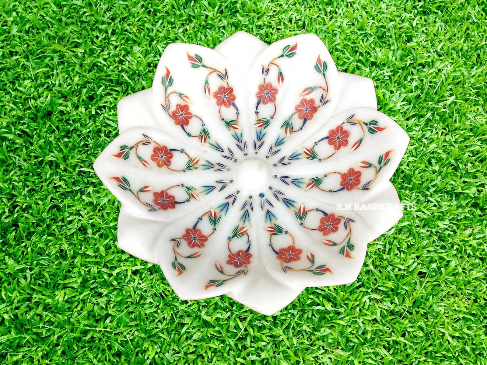 White Marble Flower Bowl, Lotus Bowl, Inlaid Gem Stones, Serving Bowl, Serveware, Marble Serveware, Home Decor, Wedding Gift, Handmade Art - Image 3