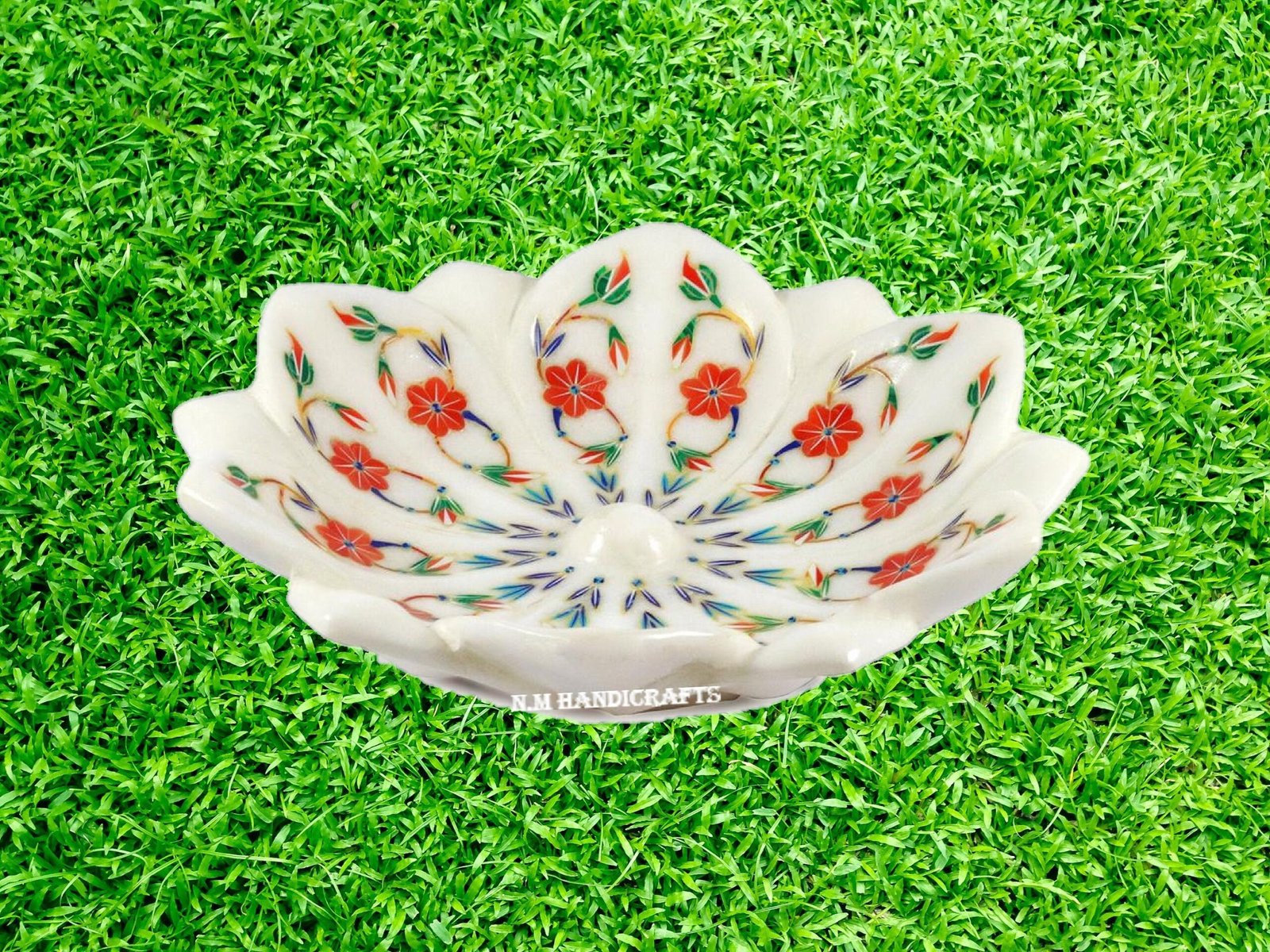 White Marble Flower Bowl, Lotus Bowl, Inlaid Gem Stones, Serving Bowl, Serveware, Marble Serveware, Home Decor, Wedding Gift, Handmade Art - Image 2