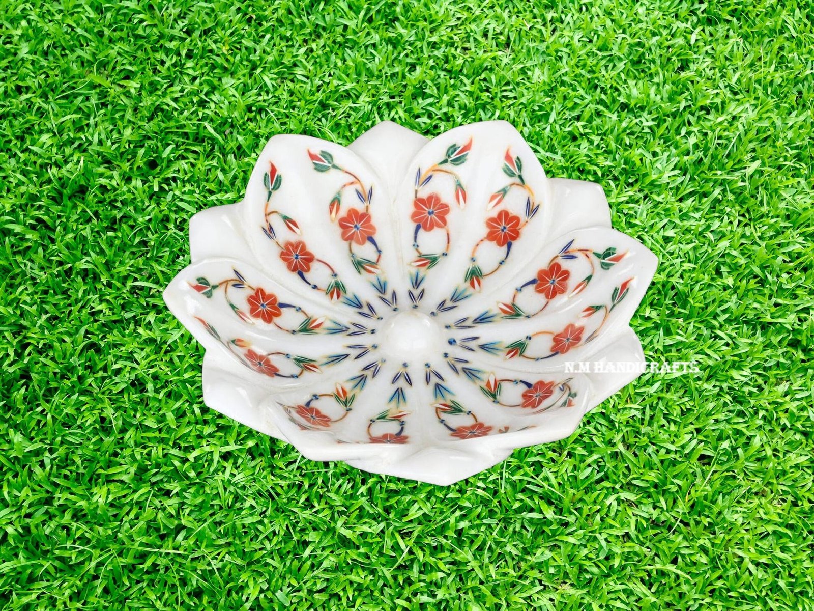 White Marble Flower Bowl, Lotus Bowl, Inlaid Gem Stones, Serving Bowl, Serveware, Marble Serveware, Home Decor, Wedding Gift, Handmade Art