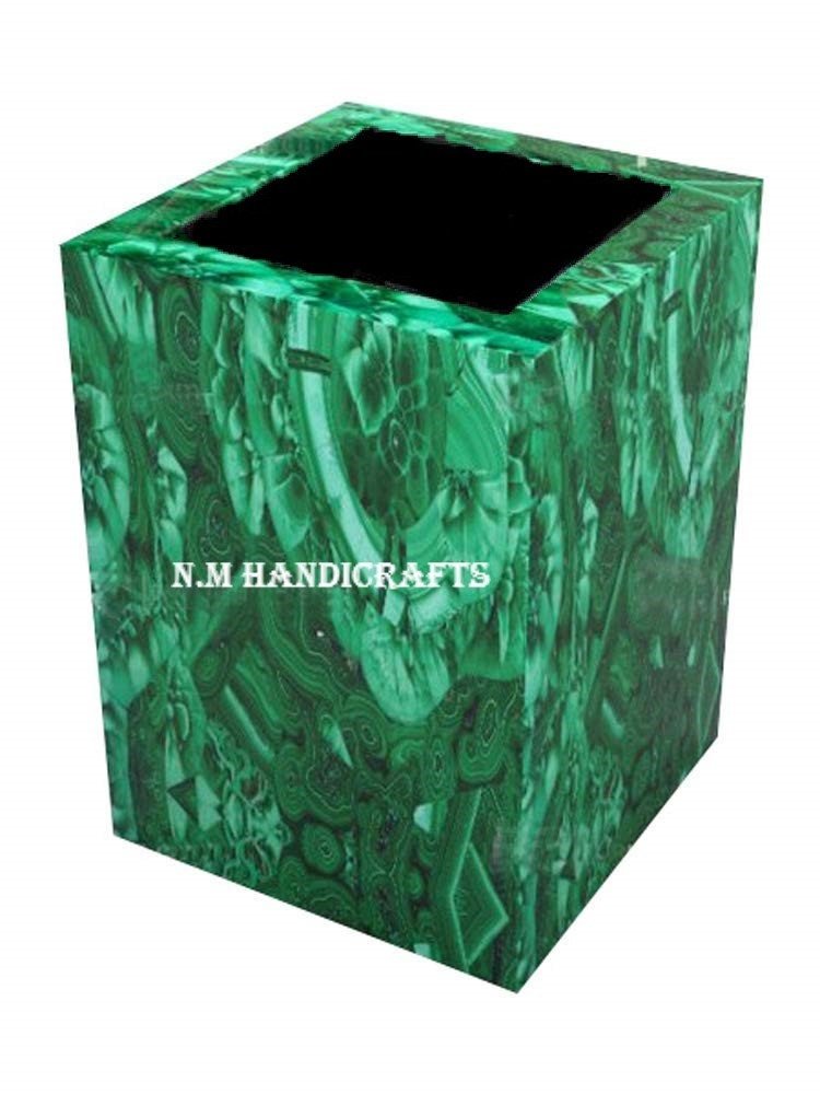 Malachite Bath Set, 7 Pcs, Soap Dispenser, Soap Dish, Vanity Tray, Box, Brush Holder, Trash Bin, Tissue Box, Pietra Dura, Handmade Art, - Image 3