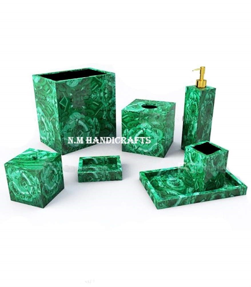 Malachite Bath Set, 7 Pcs, Soap Dispenser, Soap Dish, Vanity Tray, Box, Brush Holder, Trash Bin, Tissue Box, Pietra Dura, Handmade Art,