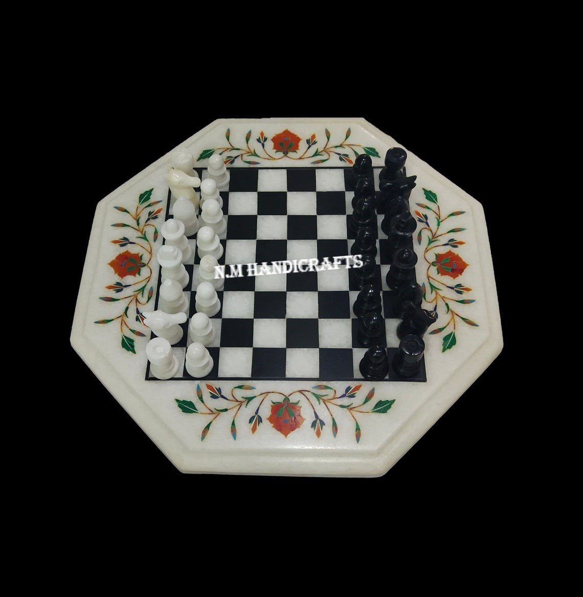White Marble Chess Set, Gems Stone Inlay, Pietra Dura, Vintage Chess, Mosaic Marquetry Art, Chess table, Natural Stone Chess Set