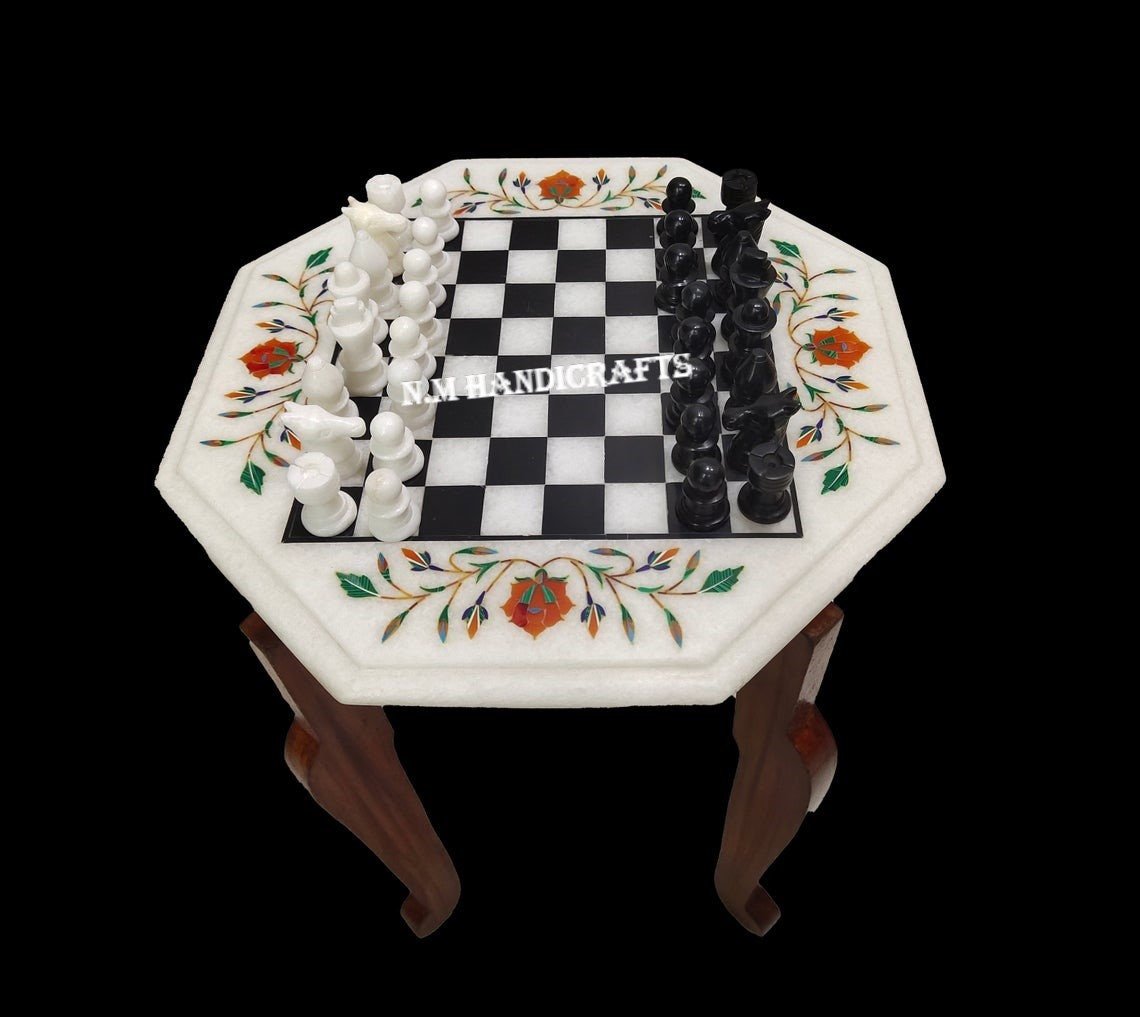 White Marble Chess Set, Gems Stone Inlay, Pietra Dura, Vintage Chess, Mosaic Marquetry Art, Chess table, Natural Stone Chess Set - Image 2