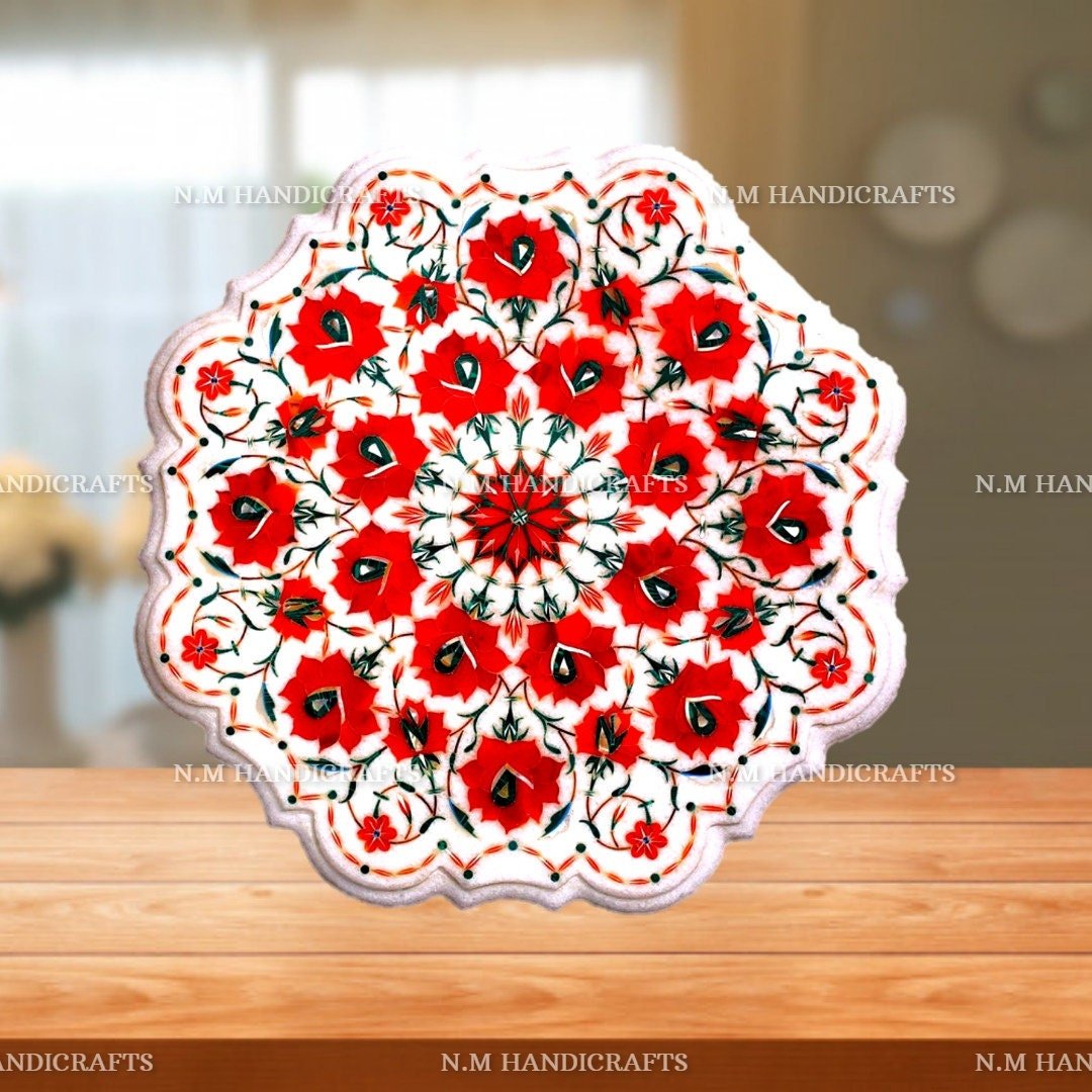 White Marble Inlay Coffee Table , Carnelian Stone Inlaid, Vintage Marble Table, Centre Table Top, Mosaic Marquetry Art, Inlay Dining Table