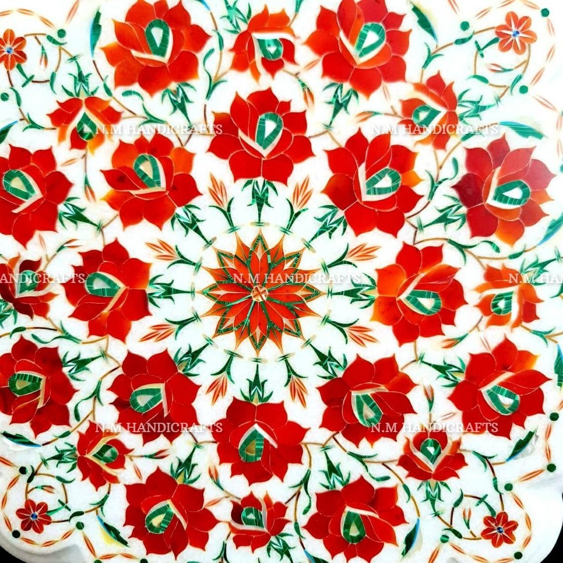 White Marble Inlay Coffee Table , Carnelian Stone Inlaid, Vintage Marble Table, Centre Table Top, Mosaic Marquetry Art, Inlay Dining Table - Image 2