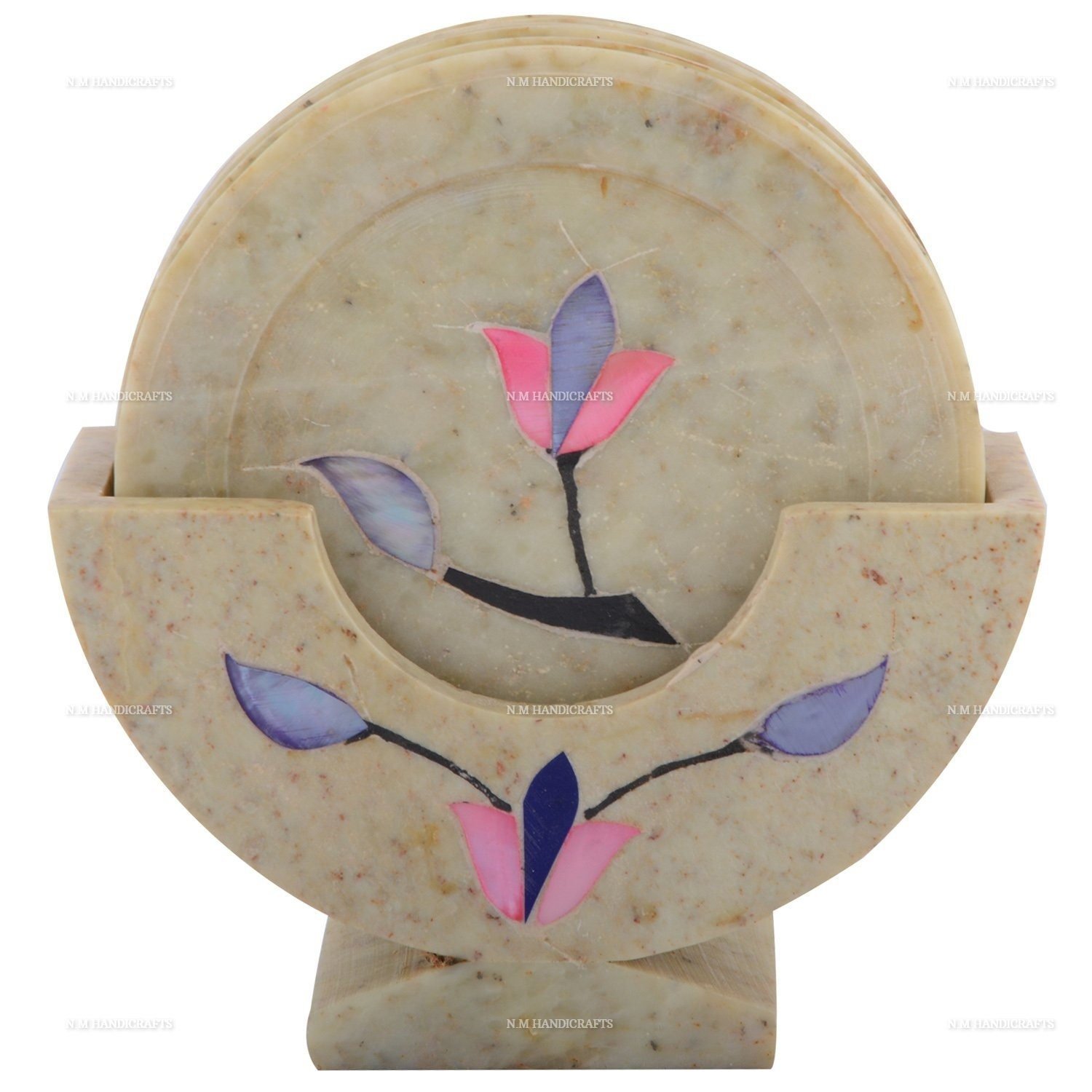 Pink Marble Inlay Coaster Set, Floral Inlay, Pietra Dura, Coaster Set, Handmade Art, Tea Coaster, Drinkware & Barware, Stone Coasters Set - Image 2