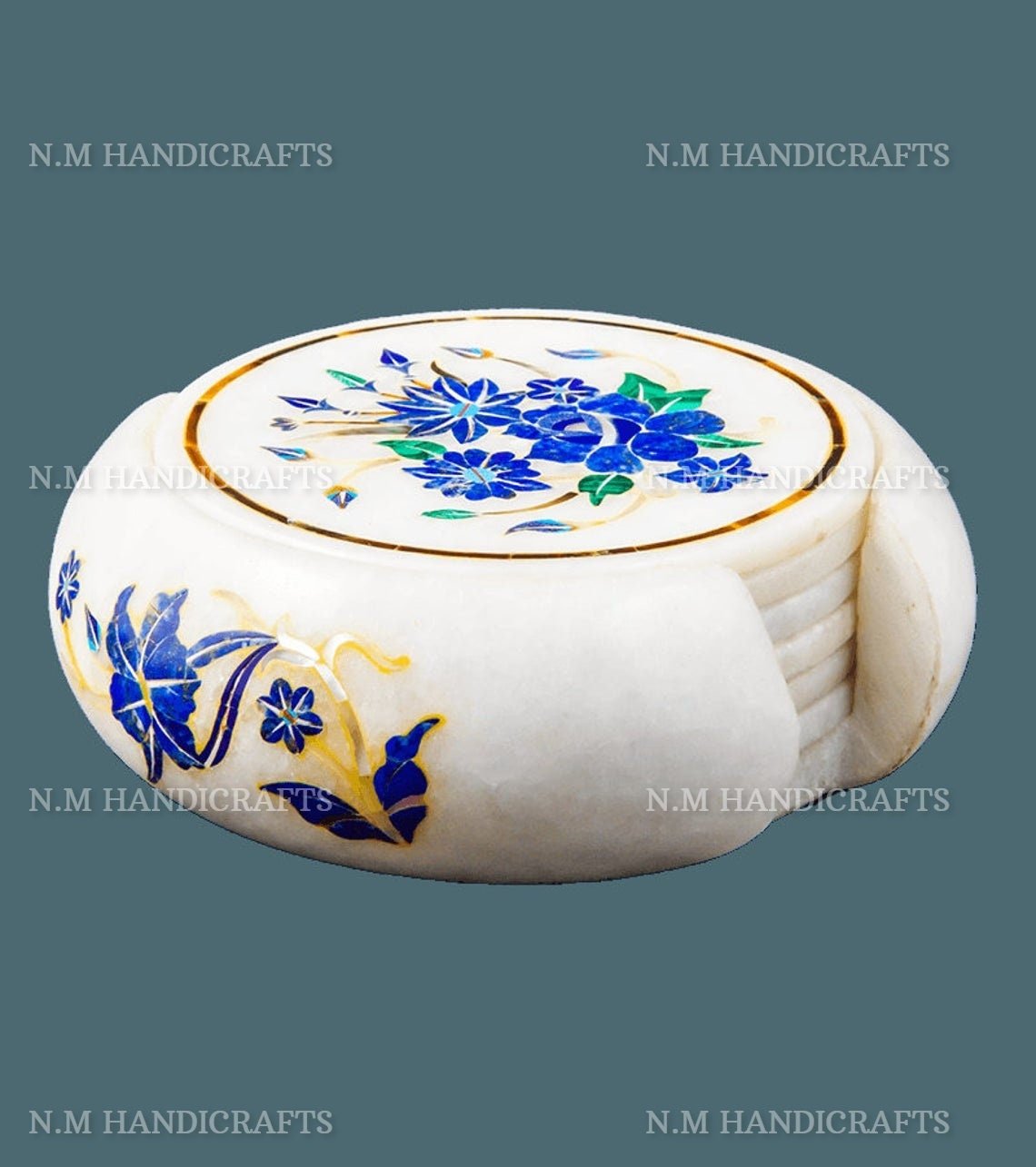 Floral White Marble Inlay Coaster, Lapis Lazuli Inlaid, Pietra Dura, Coaster 6 Pcs Set, Handmade Art, Tea Coaster, Drinkware Coasters, - Image 2