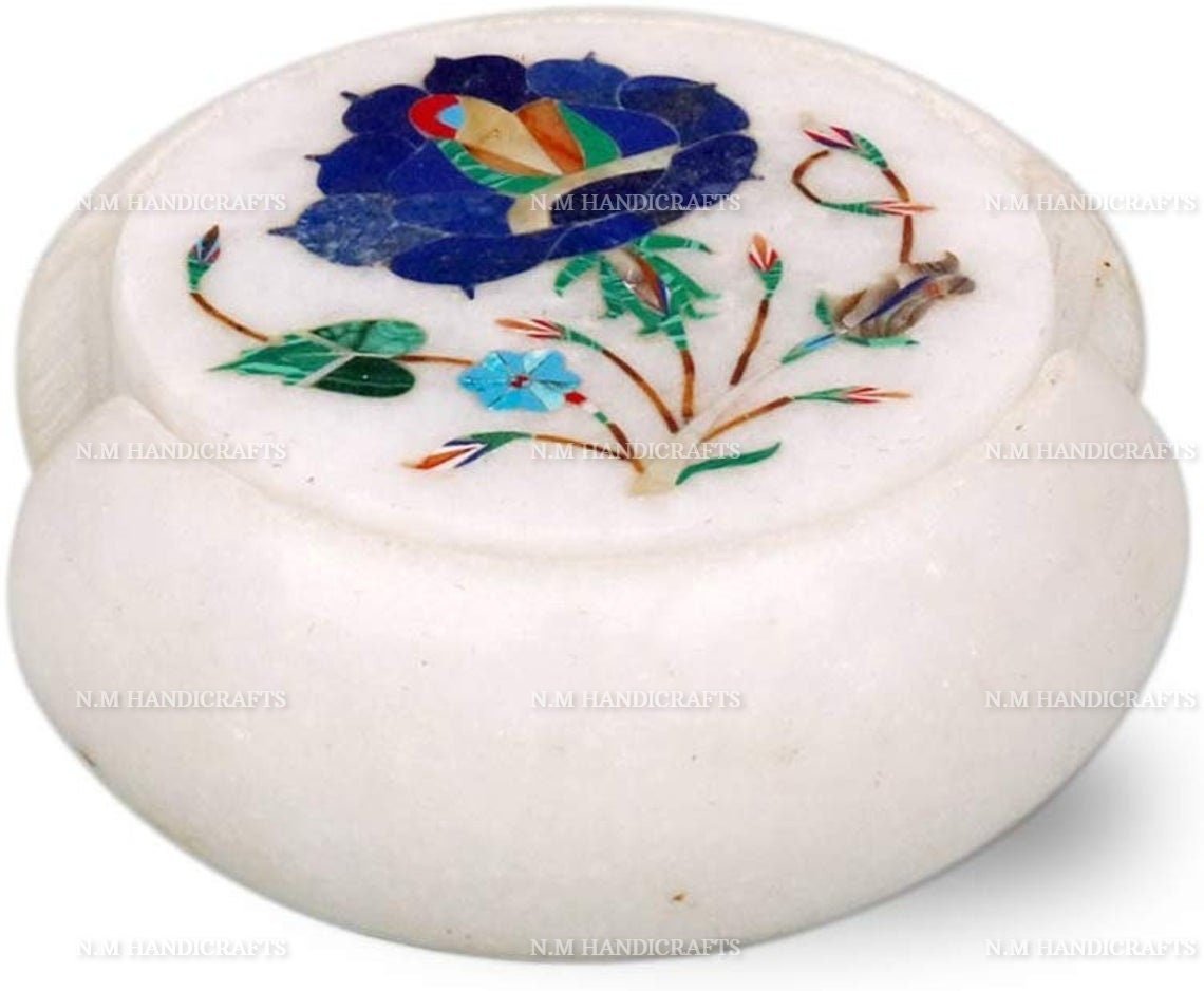 Floral White Marble Inlay Coaster, Lapis Lazuli Inlaid, Pietra Dura, Coaster Set, Handmade Art, Tea Coaster, Drinkware & Barware, Coasters - Image 2