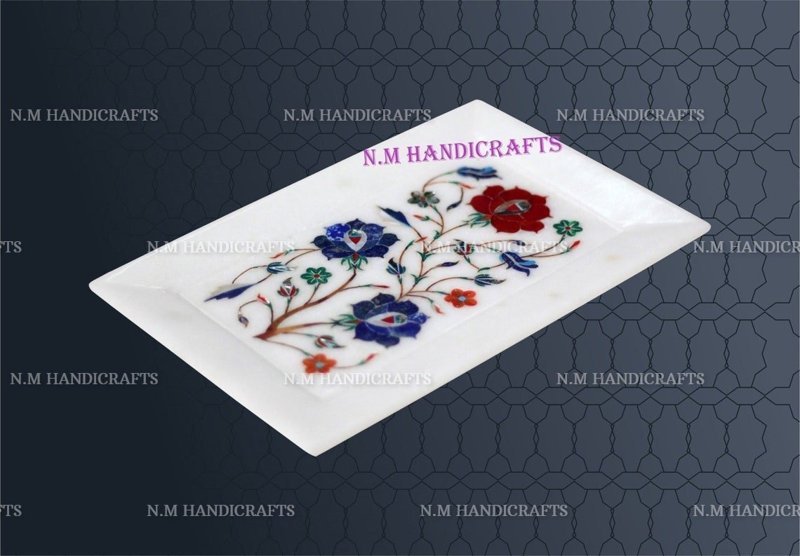 White Marble Inlay Tray, Semi Precious Stones Inlaid, Floral Marquetry, Pietra Dura Art, Serving Tray, Gift, Kitchen Decor, Home Decor