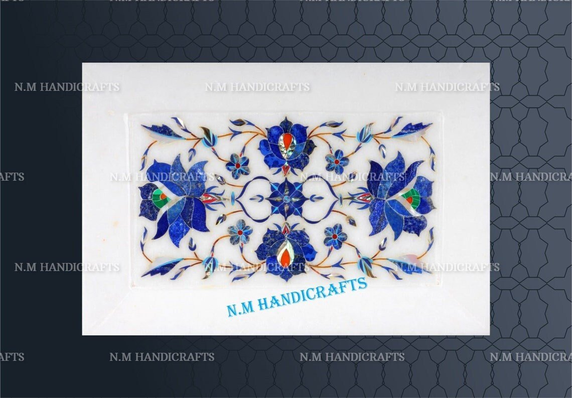 Decorative White Marble Inlay Tray, Lapis Lazuli Inlaid, Floral Marquetry, Pietra Dura Art, Serving Tray, Gift, Kitchen Decor, Home Decor - Image 2