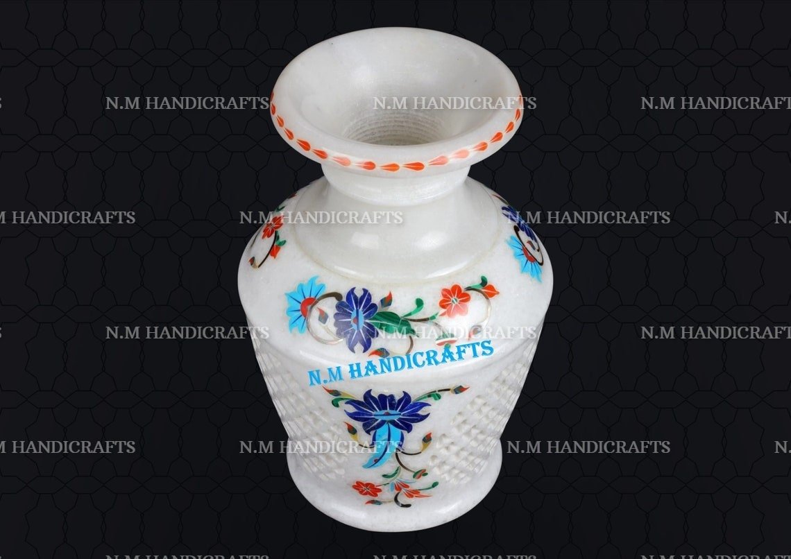 White Marble Inlay Flower Vase, Finest Art Of Pietra Dura, Candle Holder, Home Decor, Memorable Inlay Art Piece For Your Loving Ones - Image 2