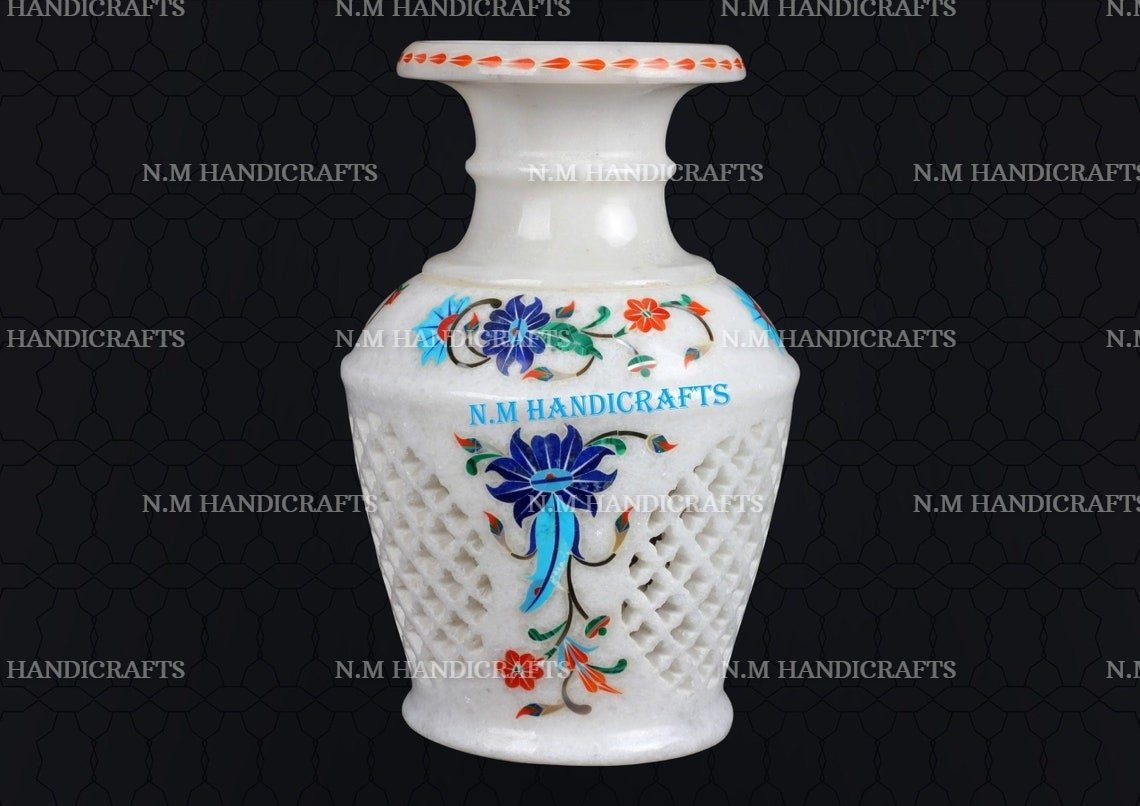 White Marble Inlay Flower Vase, Finest Art Of Pietra Dura, Candle Holder, Home Decor, Memorable Inlay Art Piece For Your Loving Ones