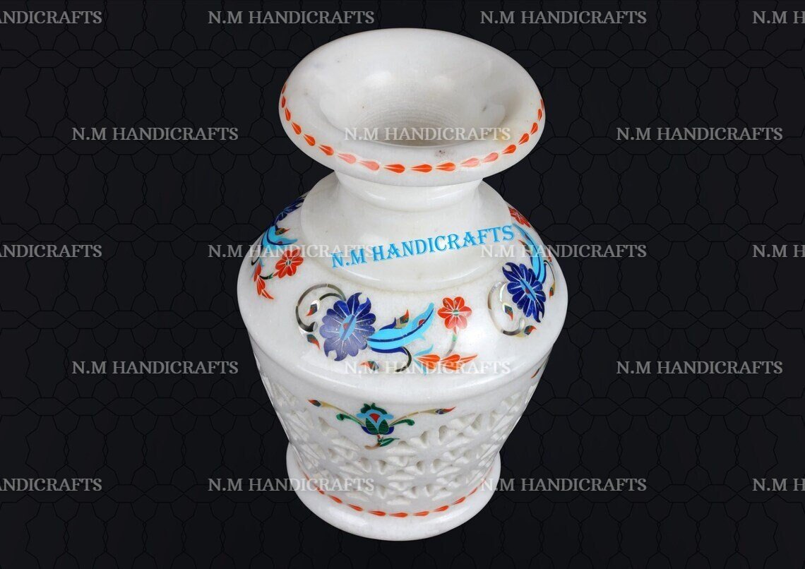 White Marble Inlay Flower Vase, Finest Art Of Pietra Dura, Candle Holder, Home Decor, Memorable Inlay Art Piece For Your Loving Ones - Image 2