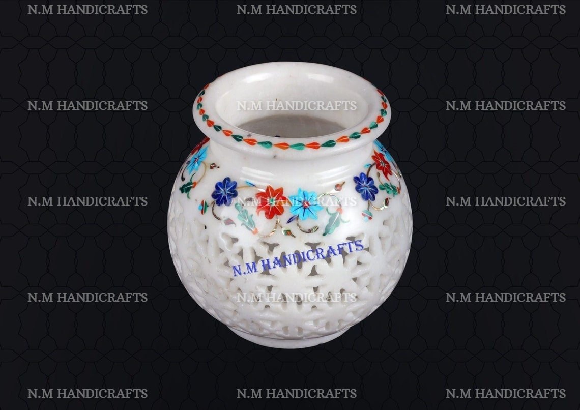 Decorative White Marble Inlay Candle holder, Semi Precious Stones Inlaid, Home and Office Decor, Floral Design, Memorable Art Piece - Image 2