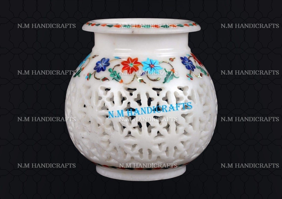 Decorative White Marble Inlay Candle holder, Semi Precious Stones Inlaid, Home and Office Decor, Floral Design, Memorable Art Piece