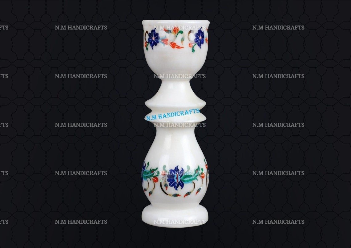 Decorative White Marble Inlay Candle holder, Semi Precious Stones Inlaid, Home and Office Decor, Floral Design, Pietra Dura Art
