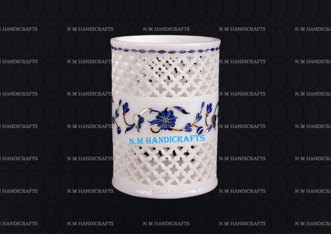 Decorative White Marble Inlay Lamp, Candle holder, Flower & Utencil Holder, Home and Office Decor, Floral Design, Pietra Dura Art