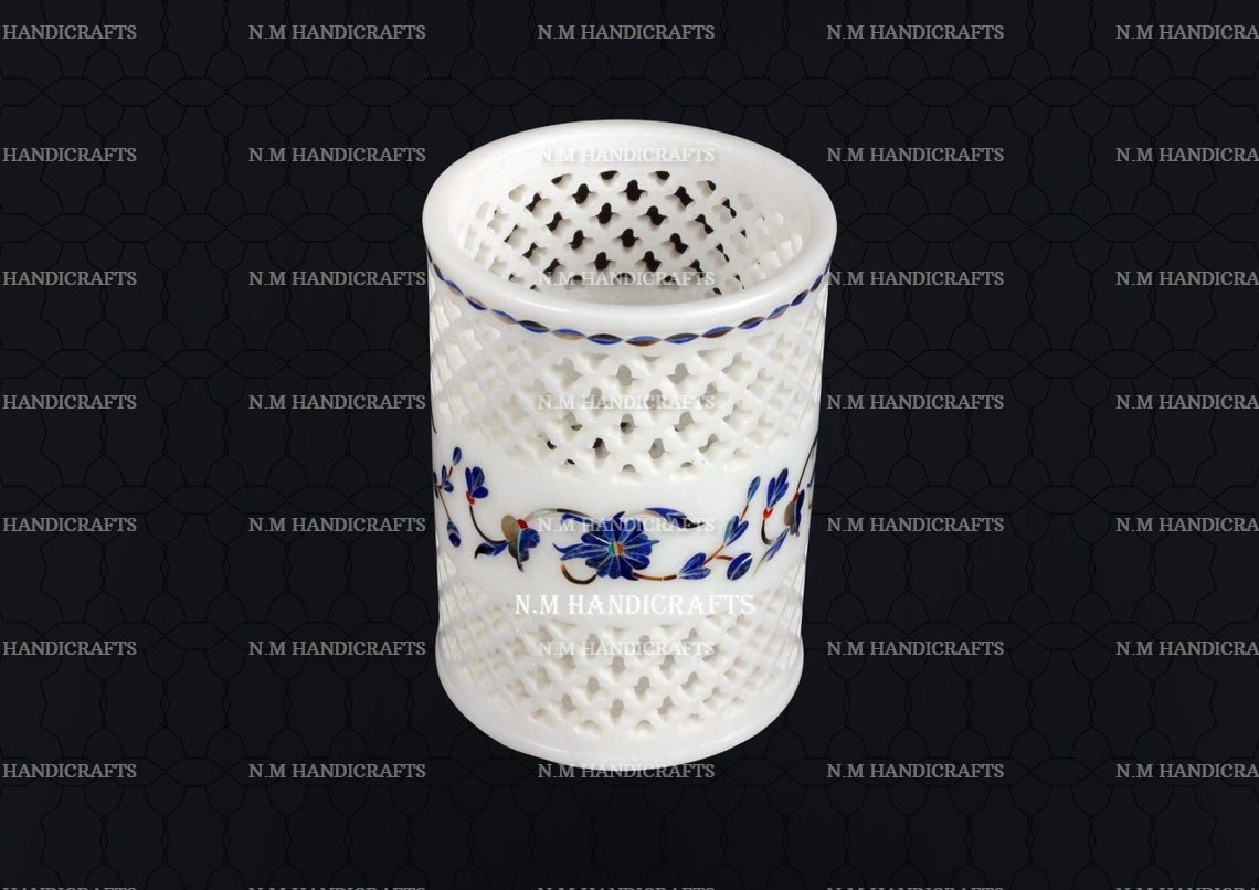 Decorative White Marble Inlay Lamp, Candle holder, Flower & Utencil Holder, Home and Office Decor, Floral Design, Pietra Dura Art - Image 2