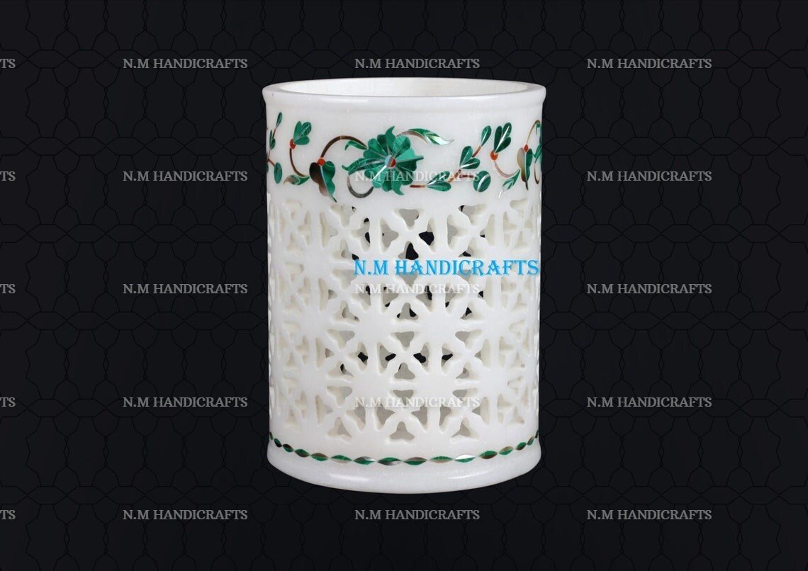 Decorative White Marble Inlay Lamp, Candle holder, Flower & Utencil Holder, Home and Office Decor, Floral Design, Pietra Dura Art - Image 2
