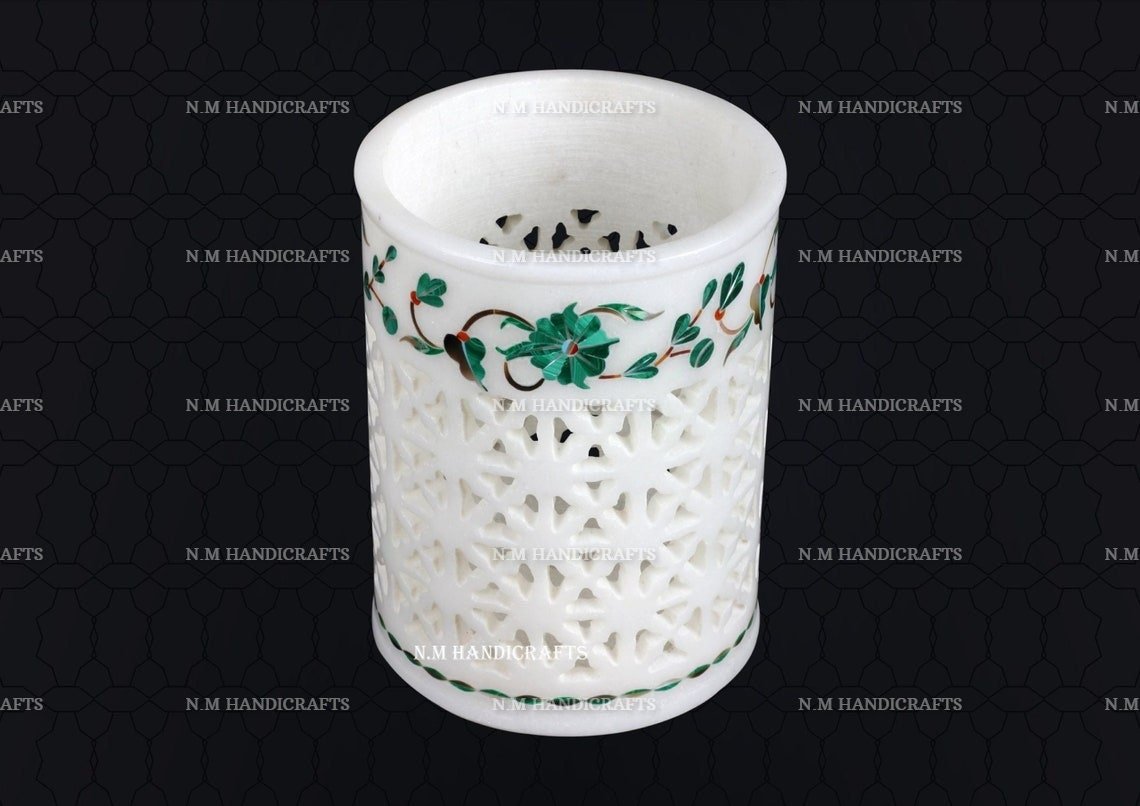 Decorative White Marble Inlay Lamp, Candle holder, Flower & Utencil Holder, Home and Office Decor, Floral Design, Pietra Dura Art