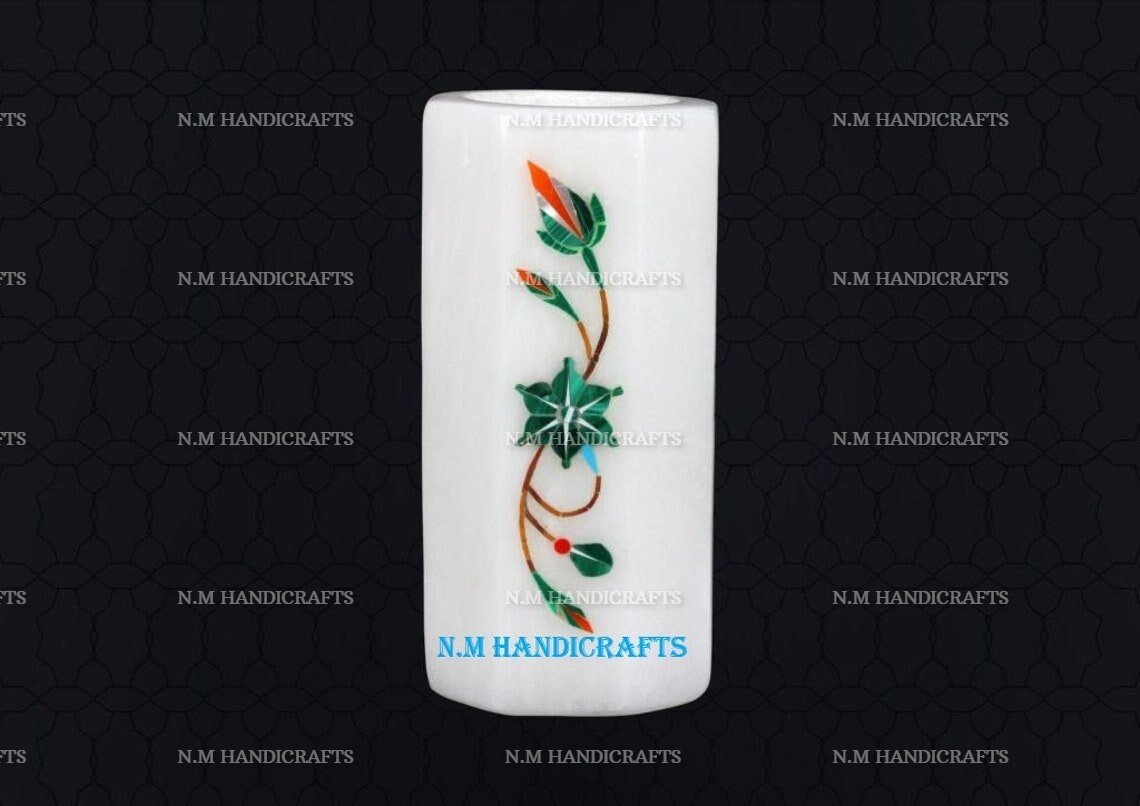 Melachite Inlay White Marble Inlay Pen stand, Candle holder, Flower & Utencil Holder, Home and Office Decor, Floral Design, Pietra Dura Art - Image 2