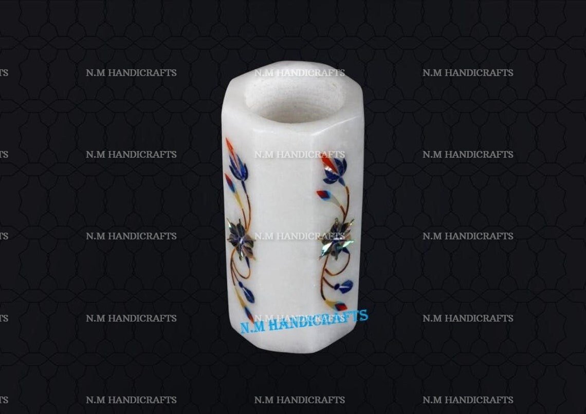 White Marble Inlay Pen stand, Candle holder, Flower and Utencil Holder, For Home and Office Decor, Floral Design, Pietra Dura Art